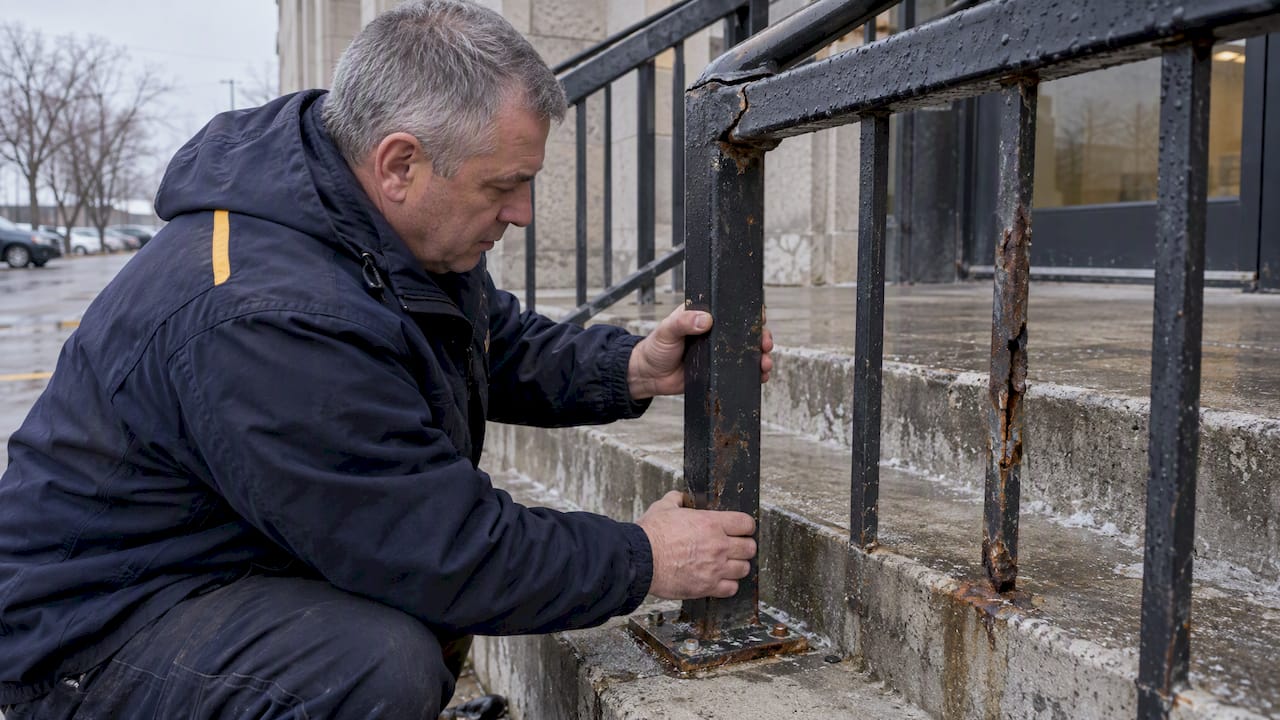 Contractor inspecting corroded railing weld and post