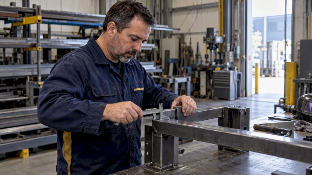 Technicien contrôlant une pièce métallique en atelier