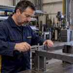 Technicien contrôlant une pièce métallique en atelier