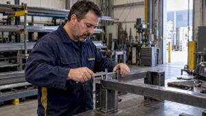Technicien contrôlant une pièce métallique en atelier
