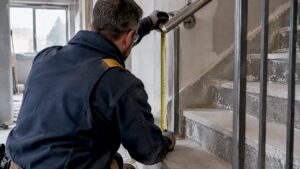 Fabricator measuring Montreal stair handrail height