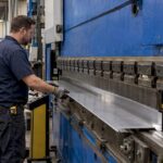 Presse plieuse façonnant une tôle dans l’atelier