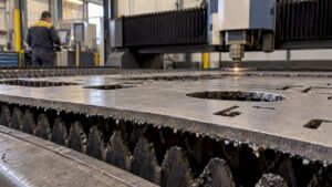 Bavures apparentes sur le bord d’une tôle découpée au laser
