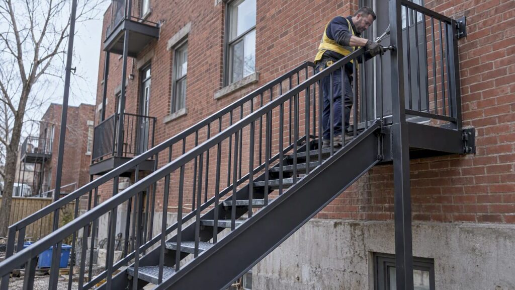 Installer fitting custom steel exterior staircase