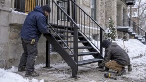 Installation d’un escalier en métal en hiver