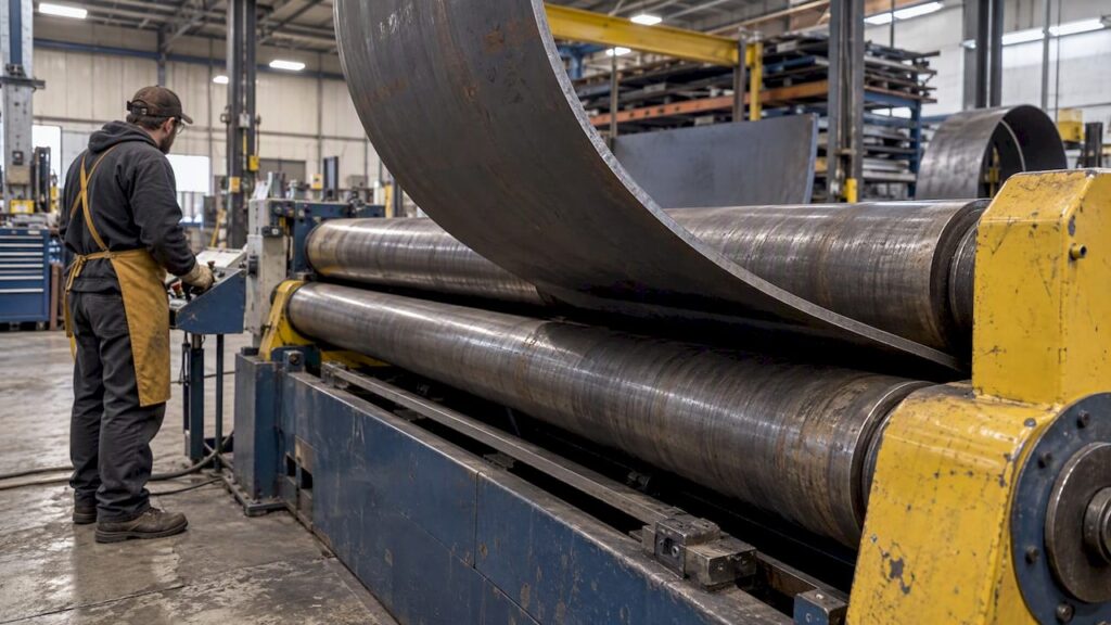 Steel plate curving through a rolling machine