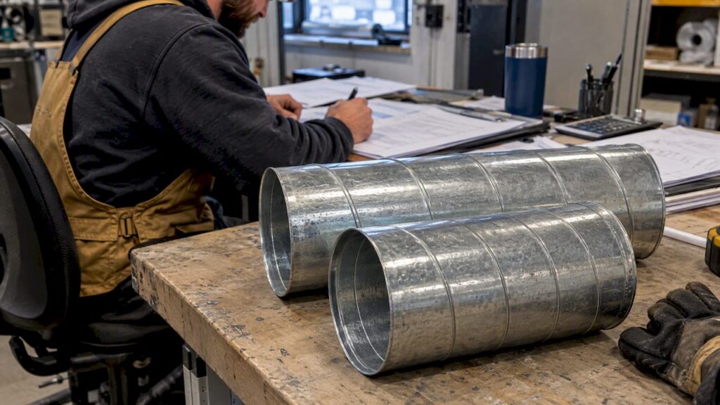 Spiral duct samples beside quote paperwork
