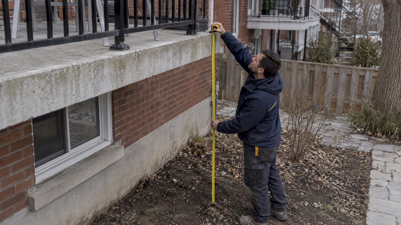 Contractor measuring balcony height above snow-free ground