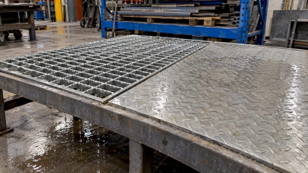 Grating and checker plate panels side by side