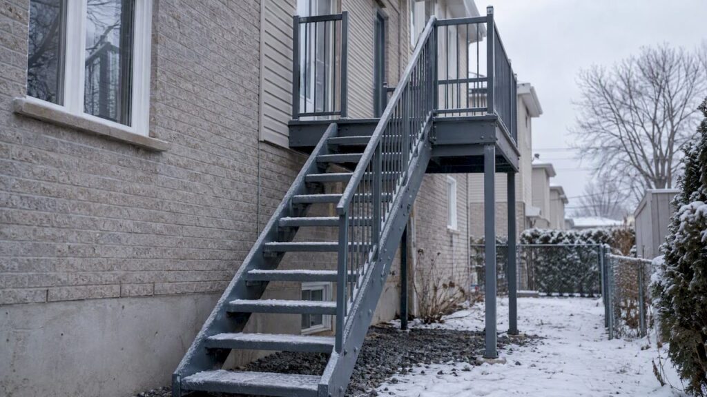 Frost coating an exterior steel stair