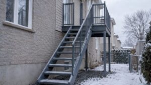 Frost coating an exterior steel stair