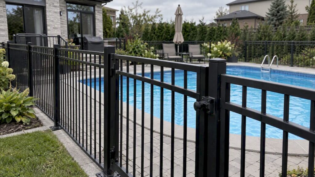 Metal fence enclosing a residential swimming pool