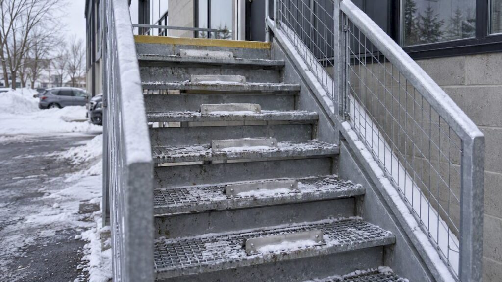 Pare-neige sur un escalier métallique enneigé