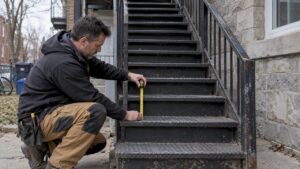 Contractor measuring a Montreal exterior stair riser