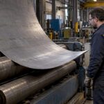 Feuille métallique cintrée entre des rouleaux industriels