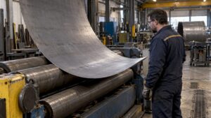 Feuille métallique cintrée entre des rouleaux industriels