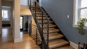 Steel staircase fitted with warm oak treads