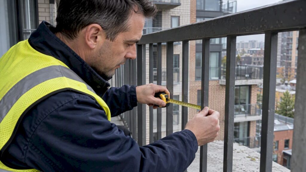Inspector measuring a steel guardrail opening