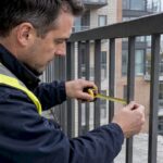 Inspector measuring a steel guardrail opening