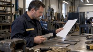 Estimator comparing steel samples with a fabrication drawing
