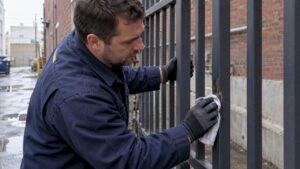 Agent d'entretien nettoyant une clôture en métal