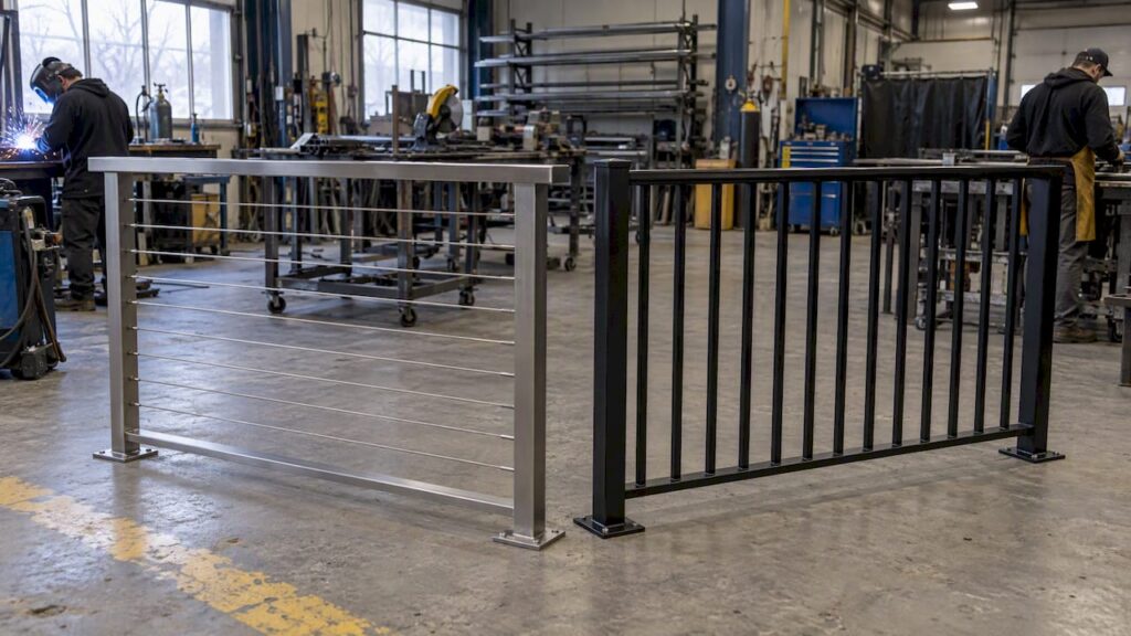 Cable and picket railings side by side