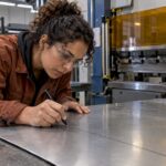Opératrice réalisant un pli sur de l’inox