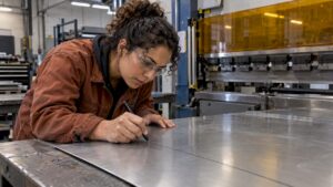 Opératrice réalisant un pli sur de l’inox