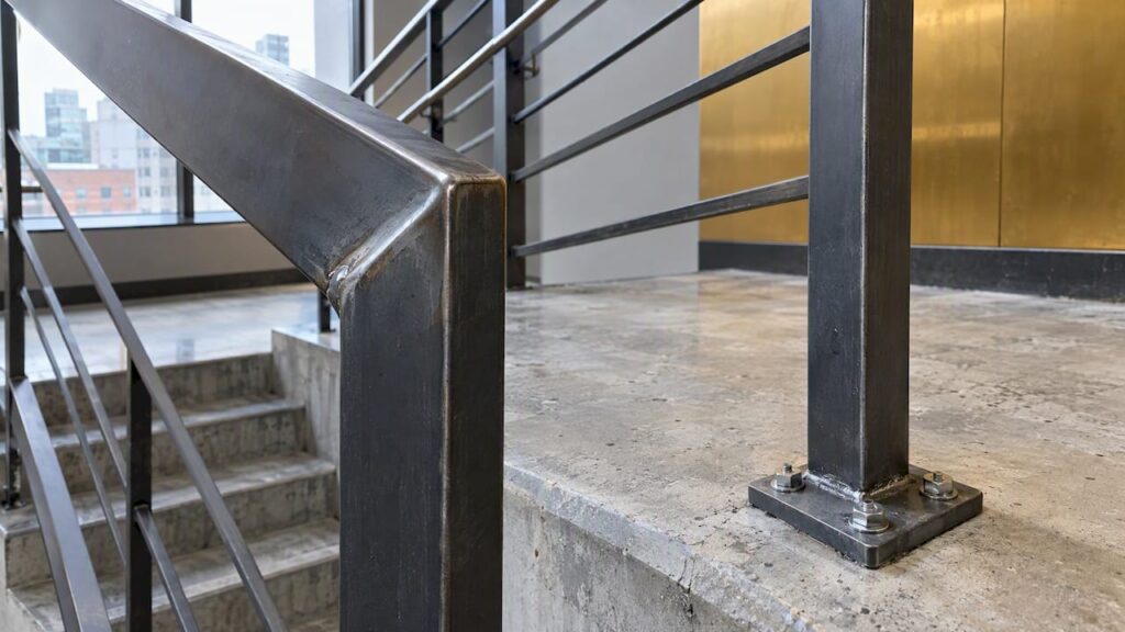 Steel railing with welded and bolted connections