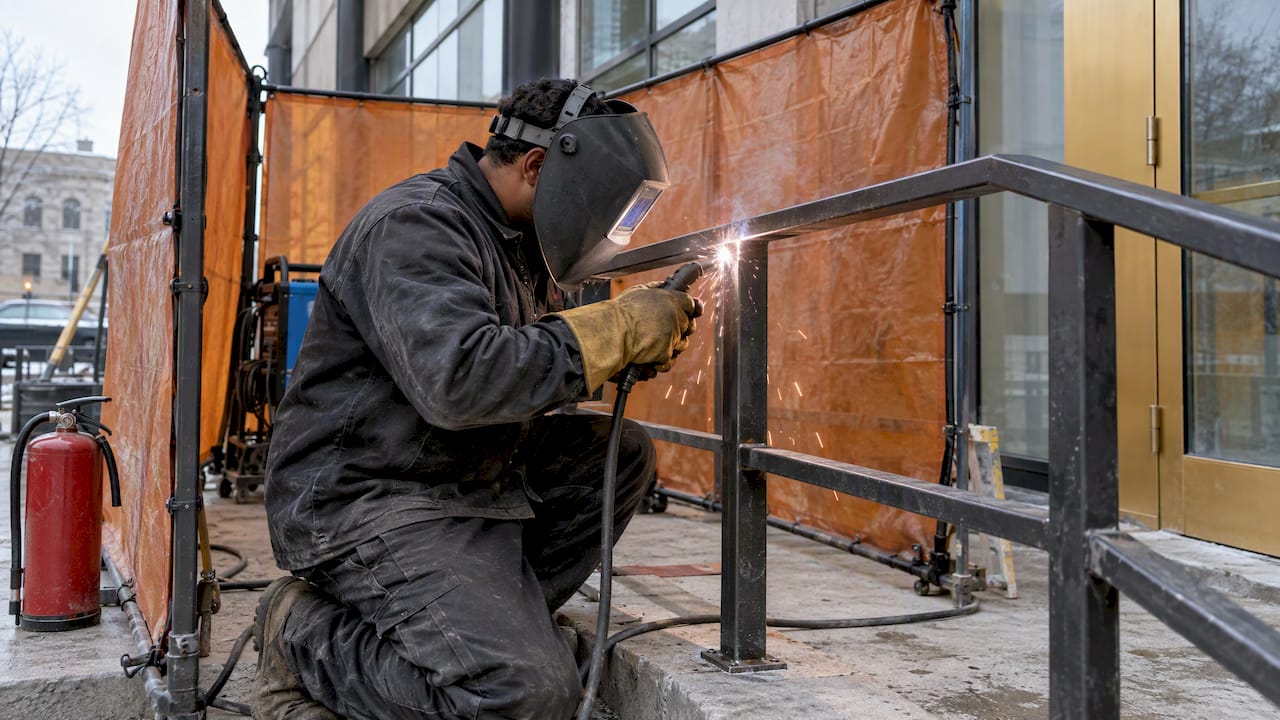 Welder making a protected railing joint on site