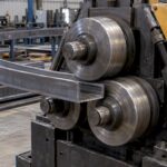 Steel channel being curved through profile rolling machine
