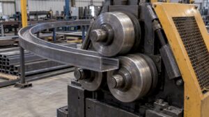 Steel channel being curved through profile rolling machine