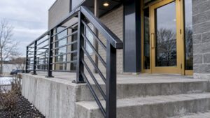 Exterior metal railing beside a concrete stair