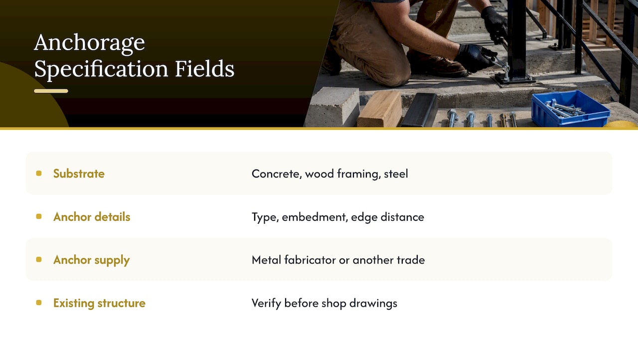 Key fields for specifying railing anchors