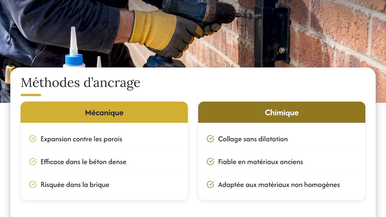 Scellement chimique ou cheville mécanique — overview diagram