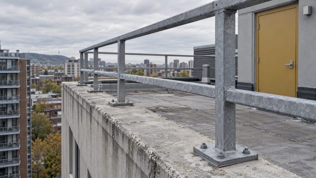 Steel guardrail posts anchored along a rooftop edge