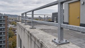 Steel guardrail posts anchored along a rooftop edge