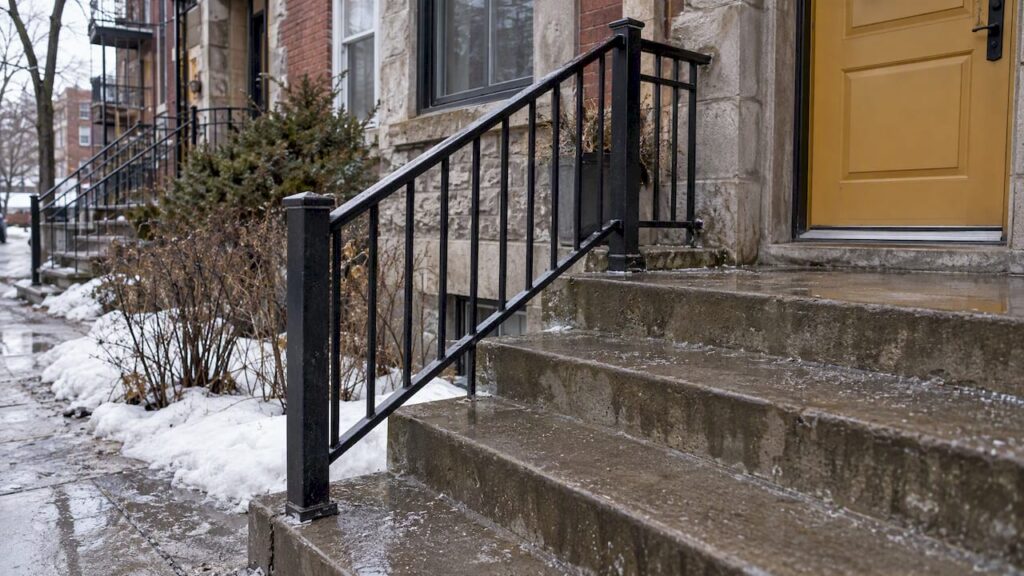 Steel railing beside wet Montreal duplex steps
