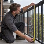 Technicien prenant les mesures d'une rambarde de balcon