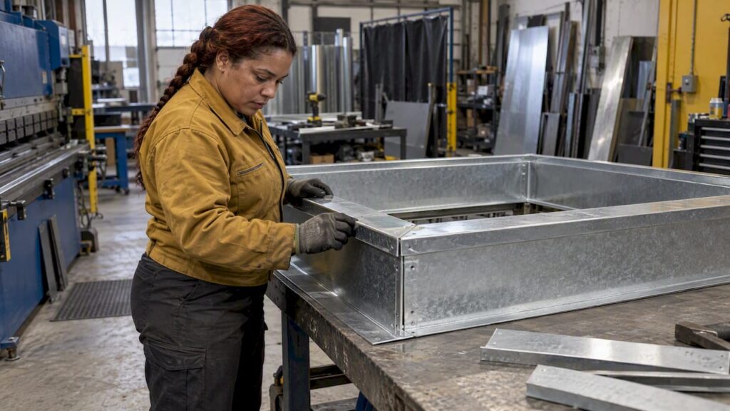 Fabricator checking a galvanized rooftop equipment curb