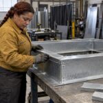 Fabricator checking a galvanized rooftop equipment curb